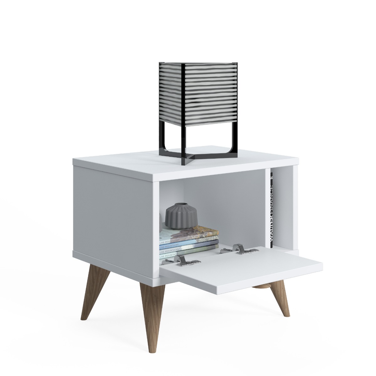 Comodino Ankara bianco con piedini rovere 