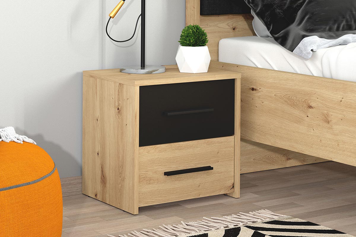 Comodino industry 2 cassetti, finitura Rovere e Nero