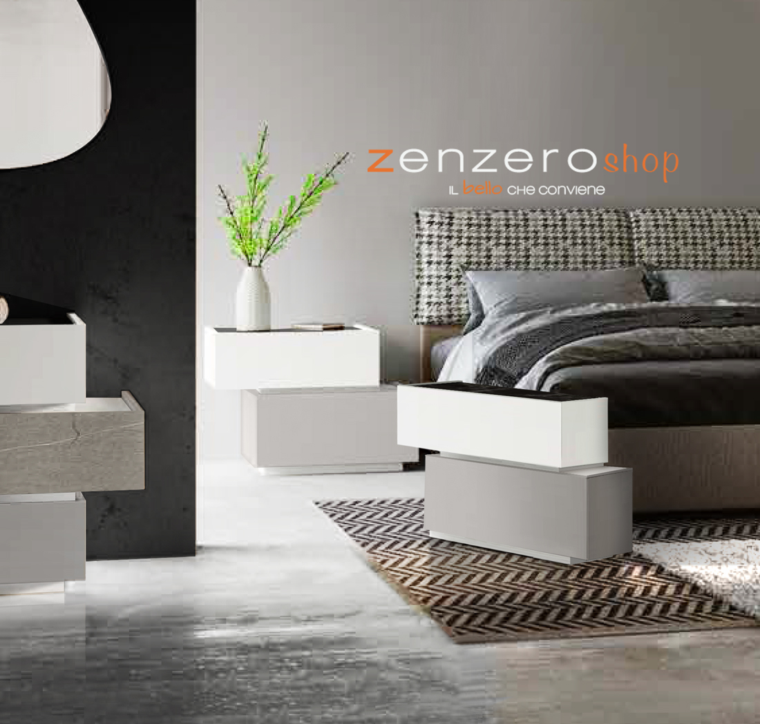 Coppia di comodini sfasati Palawan in finitura Grigio, Bianco con top in Marmo nero