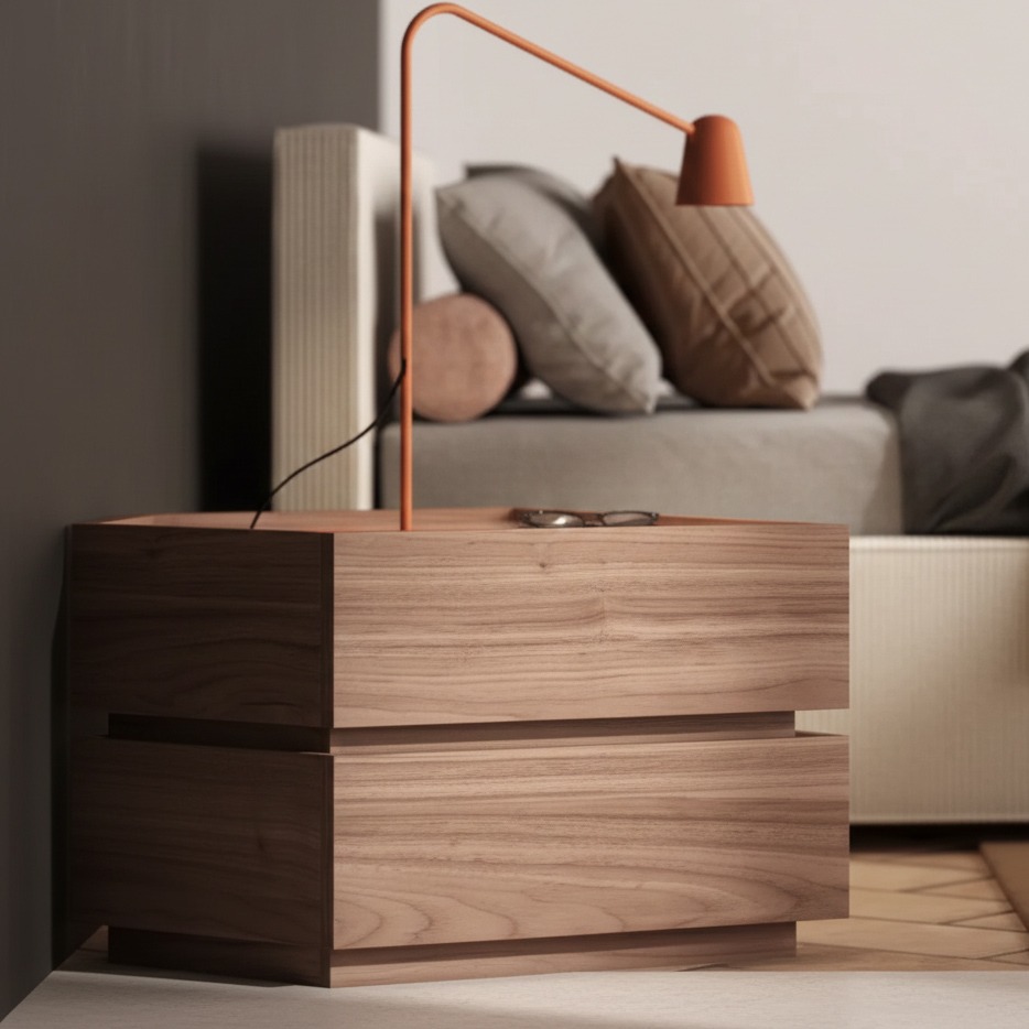 Comodino a 2 cassetti, finitura Mercure e Onice beige, L.55