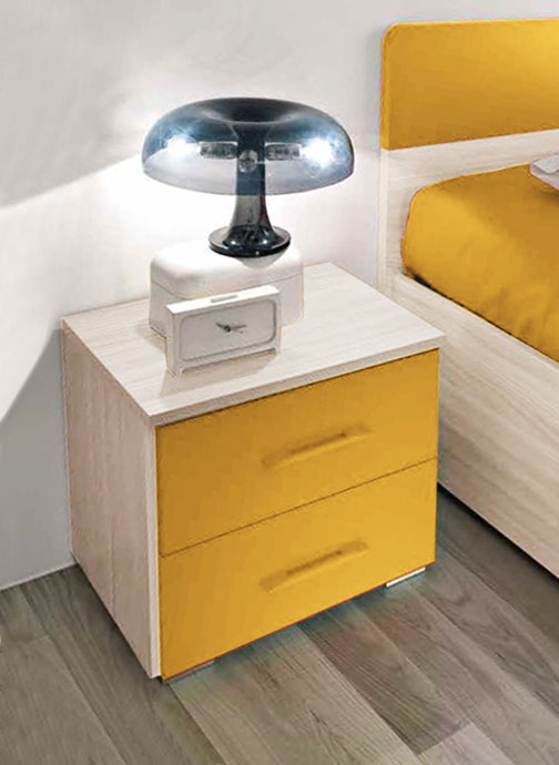 Comodino moderno con 2 cassetti, Olmo e Giallo, made in Italy