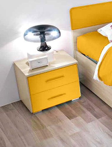 Comodino moderno con 2 cassetti, Olmo e Giallo, made in Italy