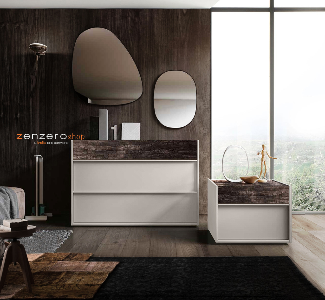 Set moderno Bali con comò e coppia di comodini in finitura  Grigio seta e Legno bruciato