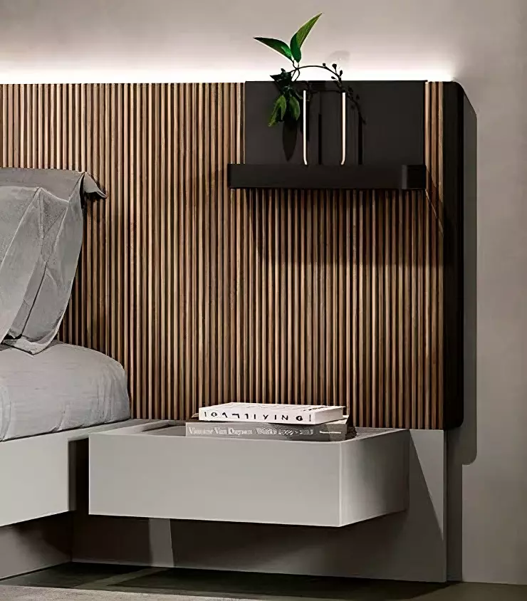 Letto matrimoniale contenitore Efeso, finitura cannettato e grigio seta