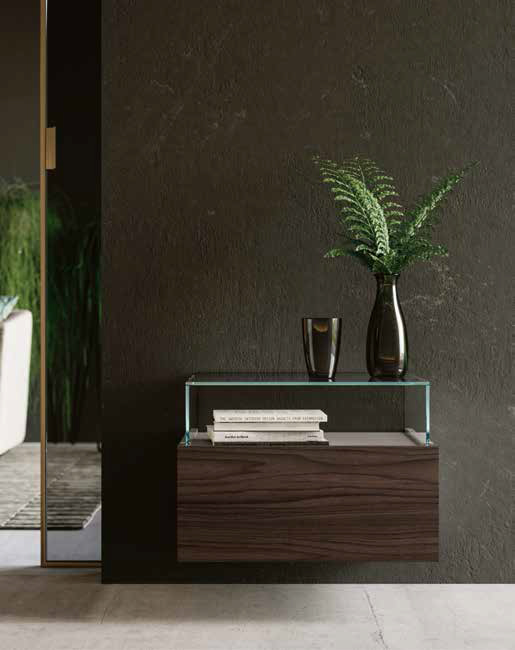 Comodino Palawan sospeso con teca in vetro in finitura Grigio seta e Noce moro