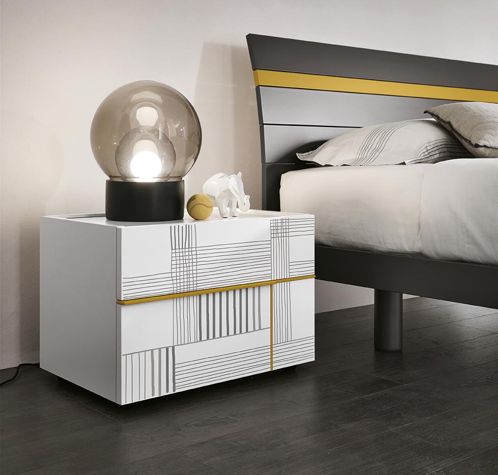 Comodino 2 cassetti per camerette, grafica 733 e Bianco gesso