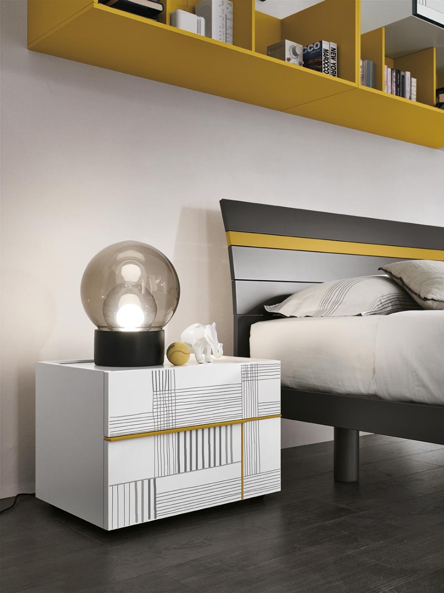 Comodino 2 cassetti per camerette, grafica 733 e Bianco gesso