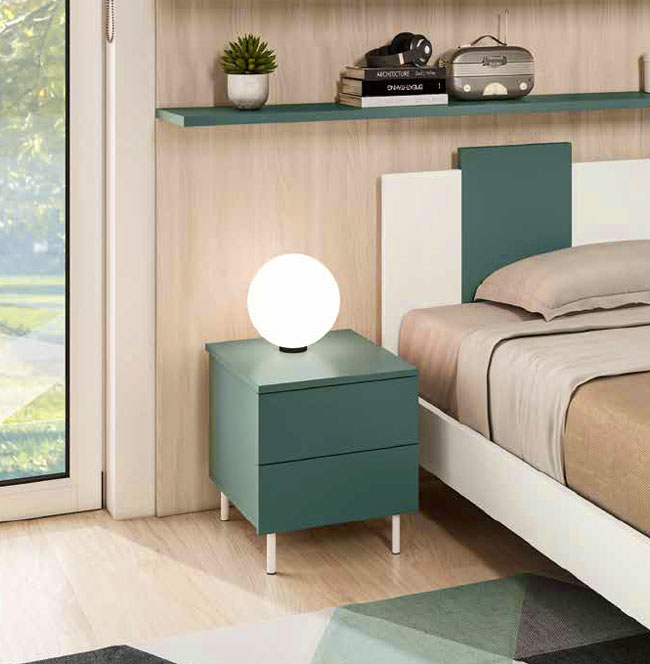 Comodino 2 cassetti per camerette, finitura Verde Salvia