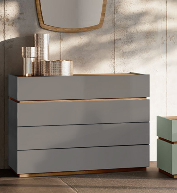 Comò 4 cassetti, in finitura grigio cenere e noce biondo