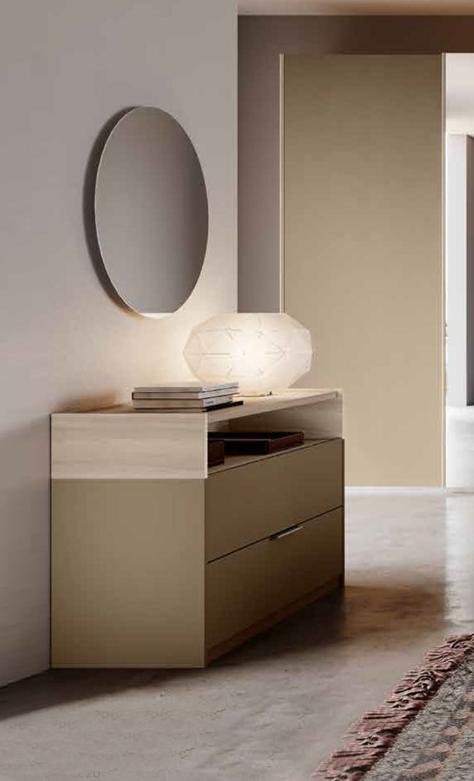 Comò moderno con vano a giorno e 2 cassetti, Olmo natura e Bronzo