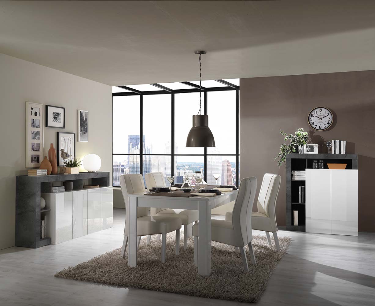Soggiorno moderno completo in finitura bianco laccato lucido e ossido