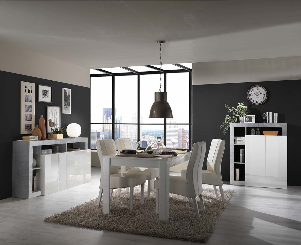 Soggiorno moderno completo in finitura bianco laccato lucido e Cemento