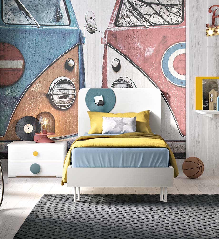 Letto singolo Brio con tasche in tessuto rimovibile in finitura Bianco frassino