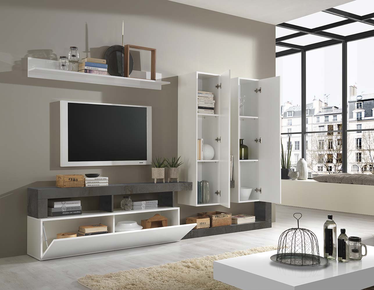 Soggiorno di design composto da parete attrezzata e madia a 3 ante in finitura bianco e ossido
