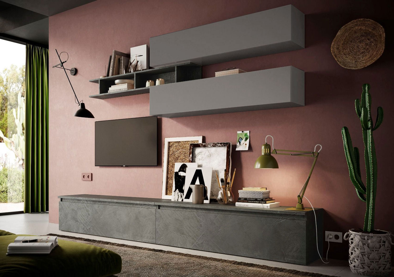 Soggiorno moderno, Mobile TV, colore Ardesia e Piombo