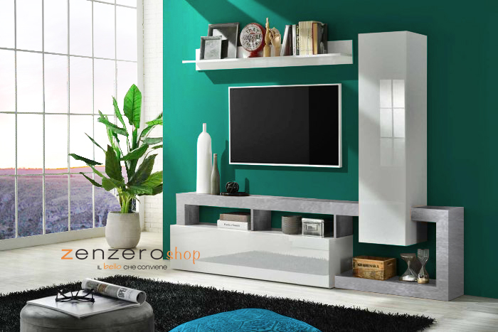 Parete attrezzata con 1 pensile verticale, una ribalta e una mensola in finitura bianco laccato lucido e Cemento