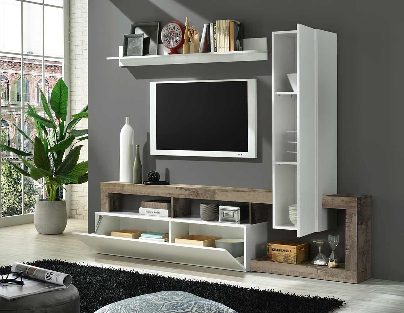 Parete attrezzata con 1 pensile verticale, una ribalta e una mensola in finitura bianco laccato lucido e pero