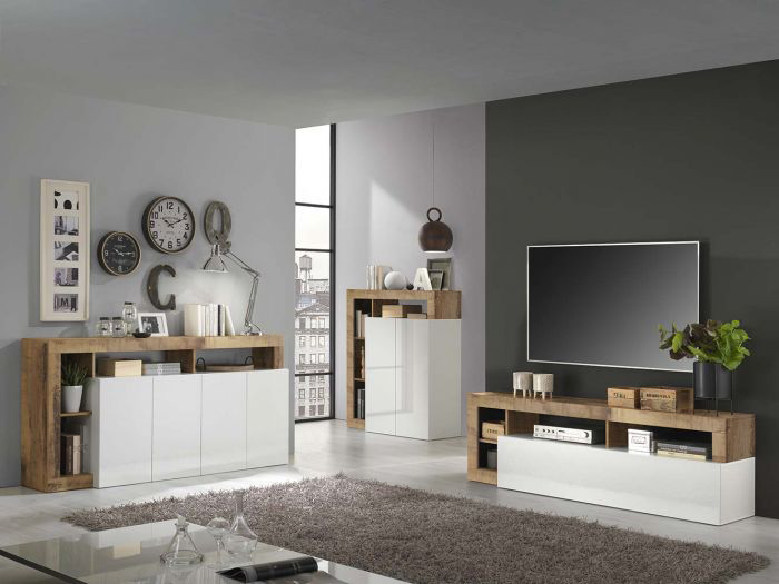 Soggiorno moderno composto da 2 madie e un porta Tv in finitura bianco e pero