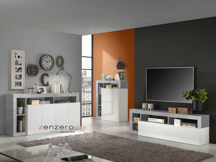Soggiorno moderno composto da 2 madie e un portv Tv in finitura bianco e Cemento