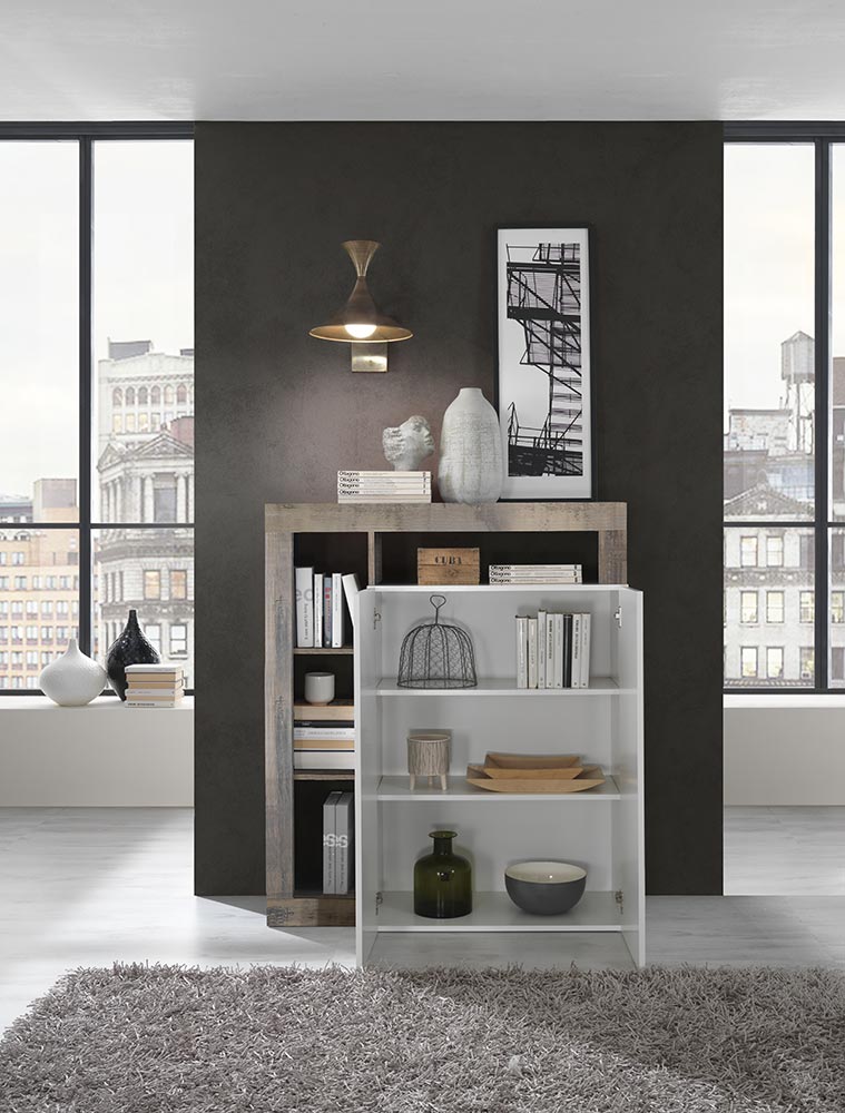 Soggiorno moderno composto da 2 madie e un portv Tv in finitura bianco e Cemento