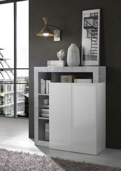 Soggiorno moderno composto da 2 madie e un portv Tv in finitura bianco e Cemento