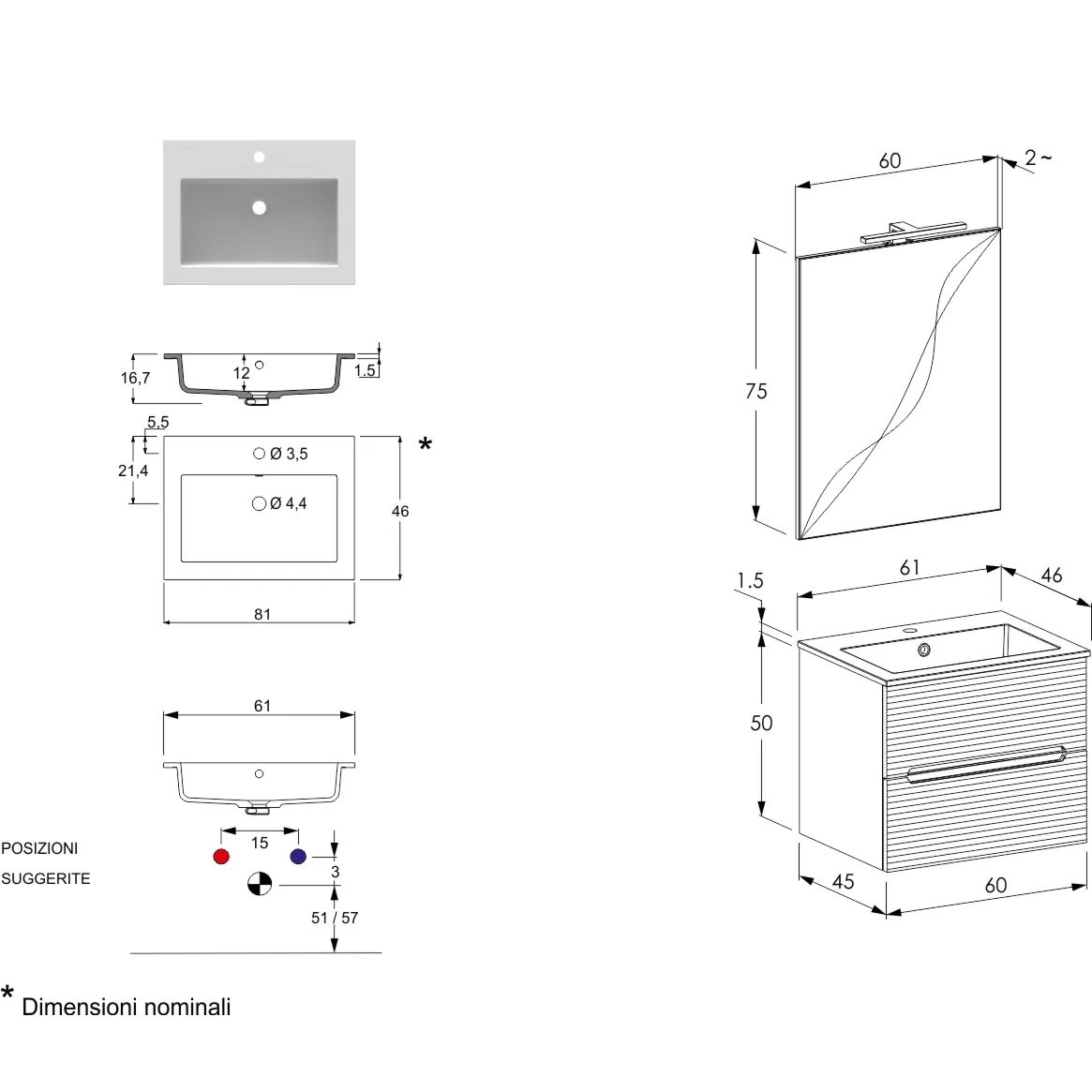 bagno piccolo rovere sospeso