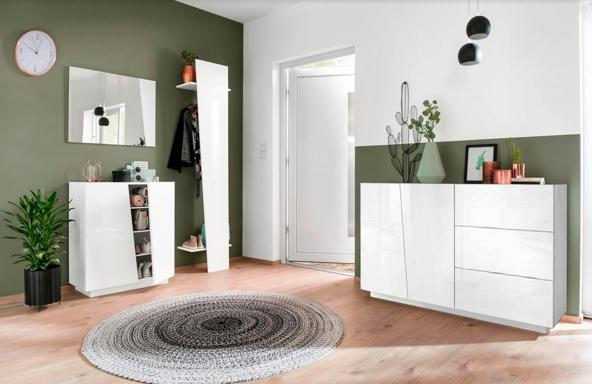 Composizione d'ingresso, Madia, Appendiabiti e Scarpiera, finitura Bianco Lucido