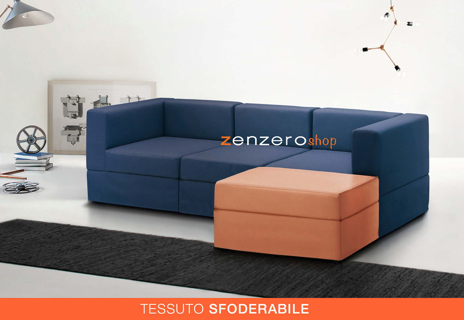 Divano moderno componibile a 3 posti e penisola, finitura Blu e Arancio