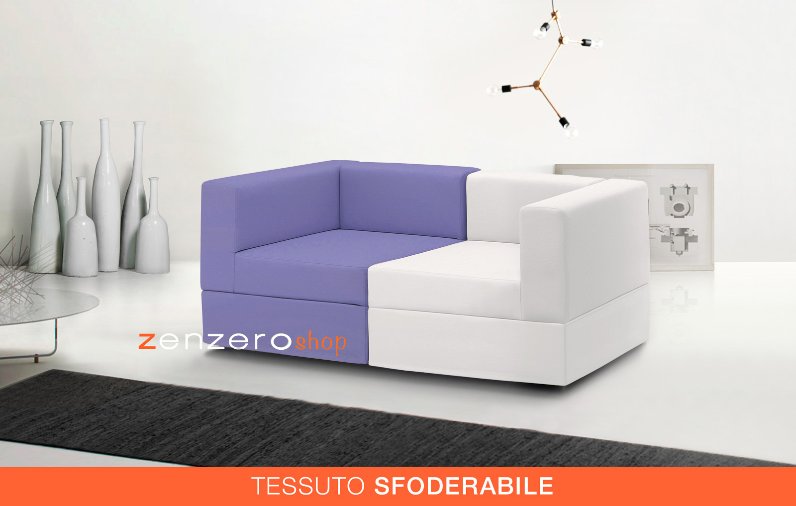 Divano moderno componibile a 2 posti, finitura Violetto e Bianco