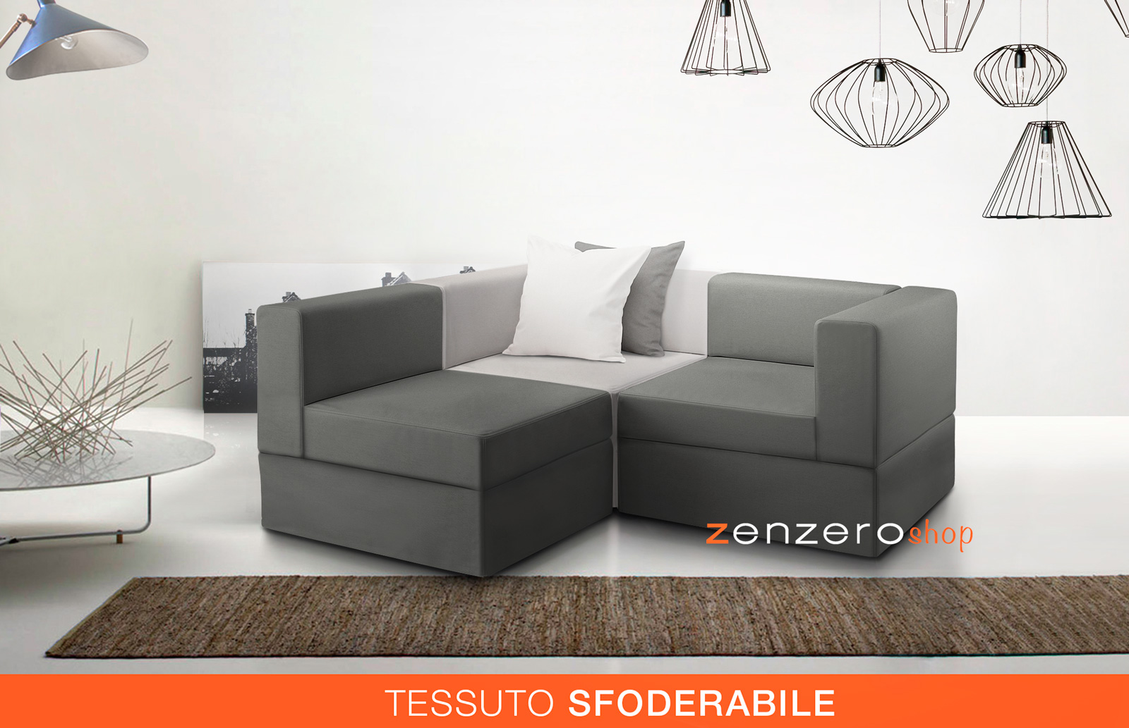 Divano moderno componibile ad angolo, finitura Nero e Grigio