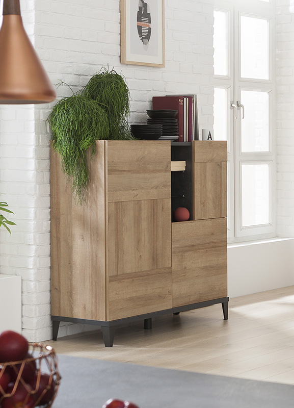 Madia moderna industry con 3 ante in finitura Grigio smoke e Rovere