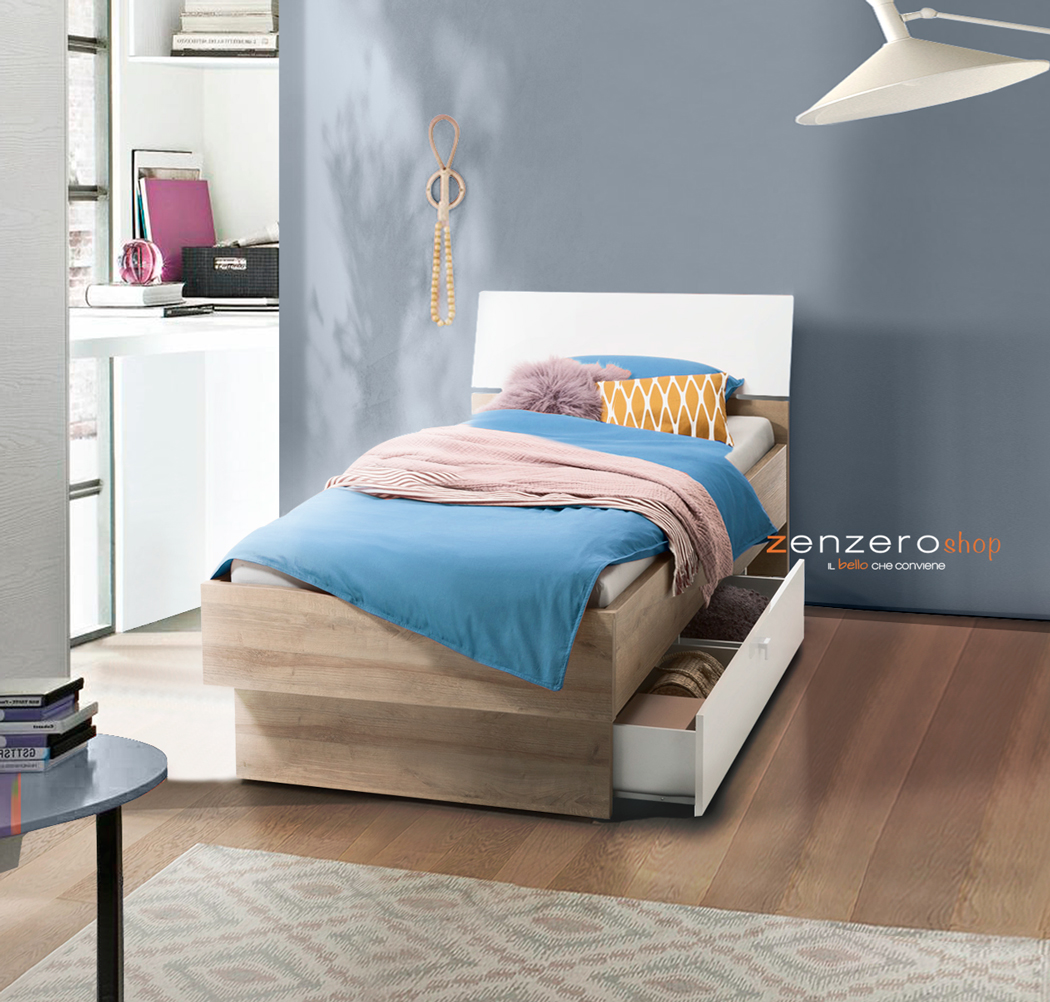 Letto singolo con testata ricurva in finitura Rovere e Bianco laccato