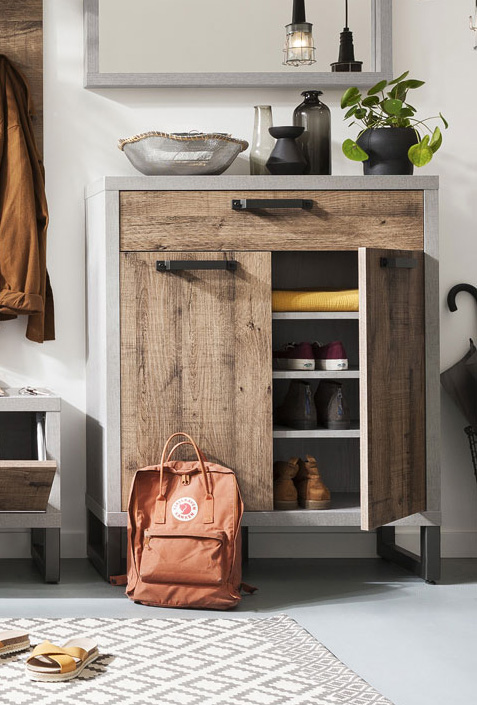 Scarpiera Industry d'ingresso 2 ante 1 cassetto, Cemento e Rovere invecchiato