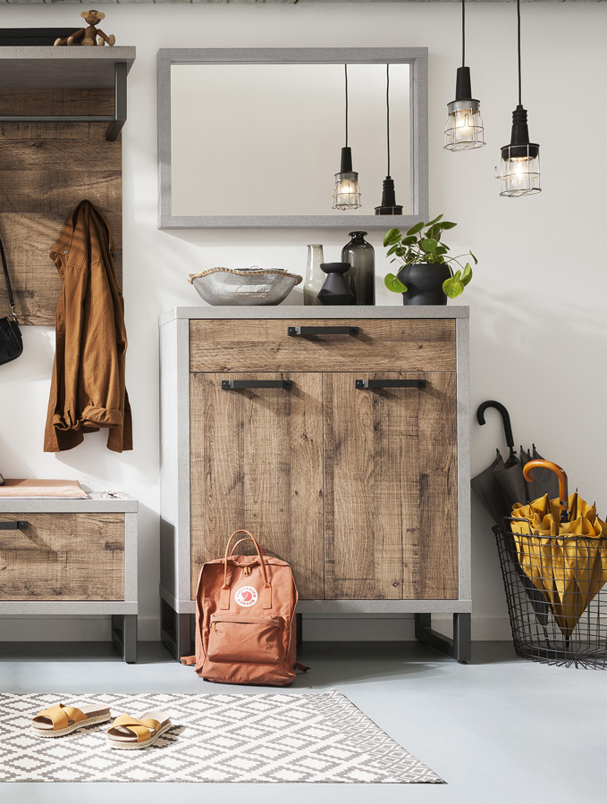 Mobiletto scarpiera Industry d'ingresso 2 ante 1 cassetto, Cemento e Rovere invecchiato