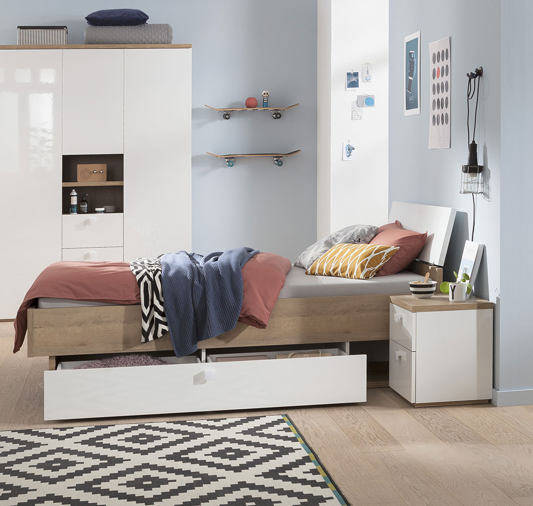 Letto singolo con testata ricurva in finitura Rovere e Bianco laccato