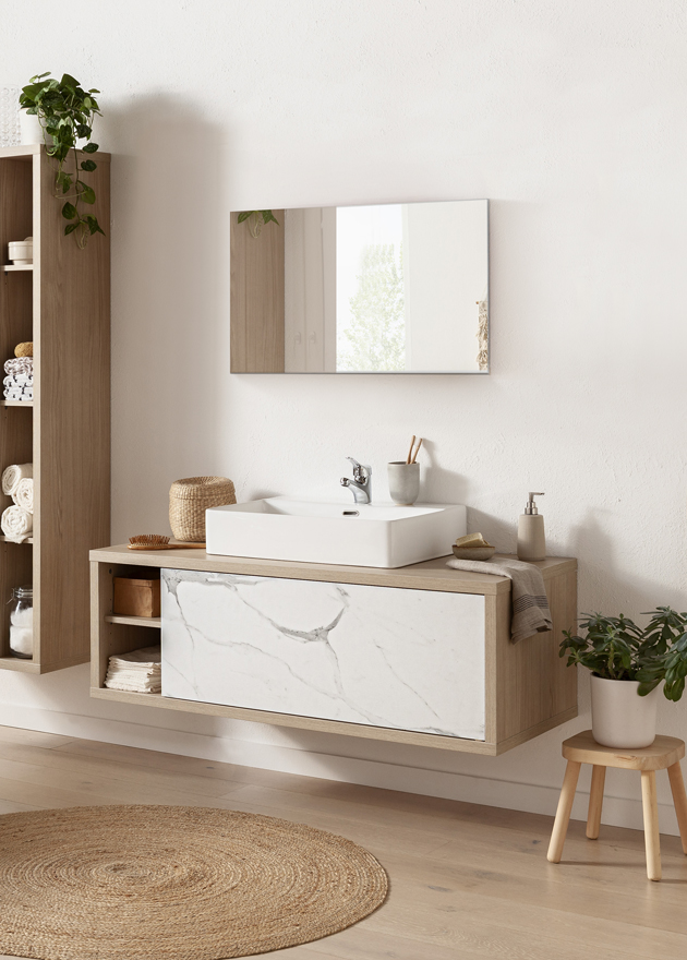 Mobile per il bagno, sottolavello con cassetto in finitura Rovere e Marmo bianco