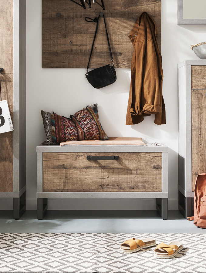 Panca in stile Industry con anta, Cemento e Rovere invecchiato