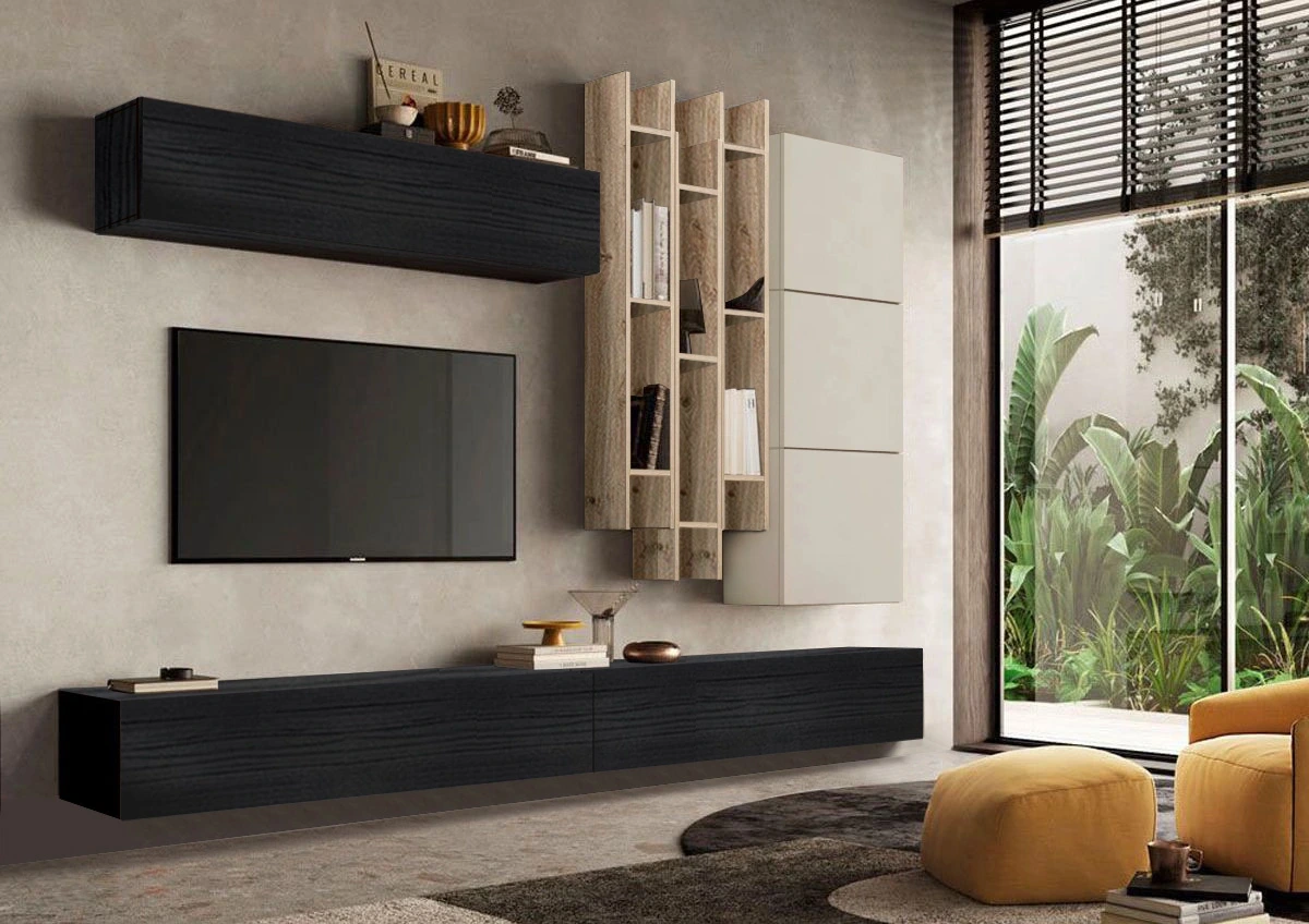 Parete attrezzata sospesa Nero frassino, Cashmere e Cadiz