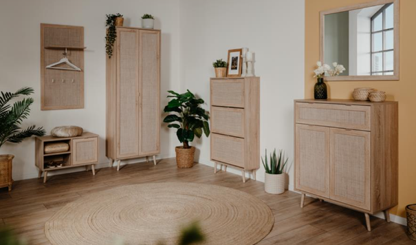 Composizione ingresso Kara in finitura Quercia ed effetto Rafia