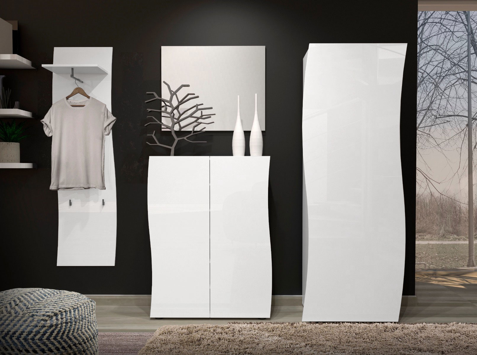 Ingresso moderno composto da scarpiera 2 ante, guardaroba e appendiabiti