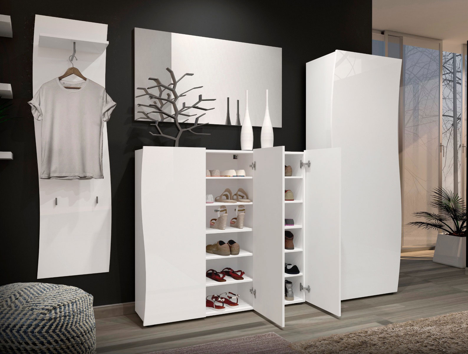 Composizione da ingresso formata da madia 3 ante, guardaroba e appendiabiti