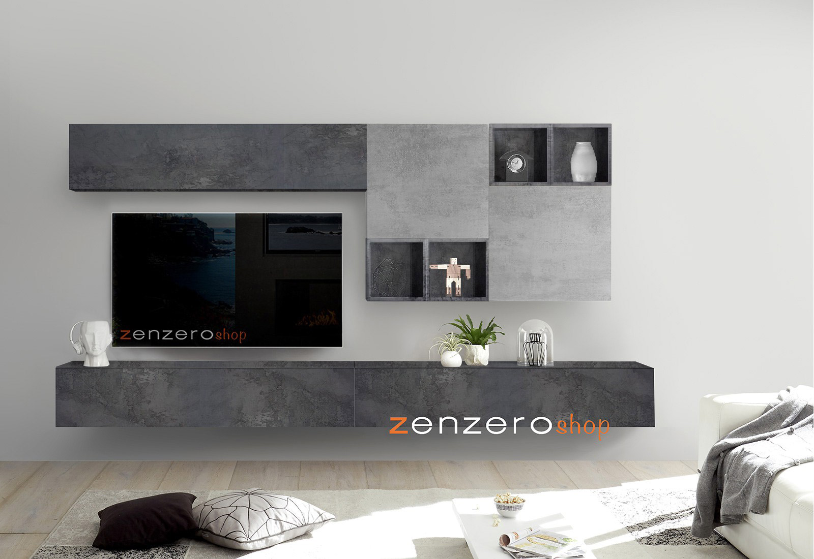 Soggiorno Zenzero, parete attrezzata con pensili vasistas e ribalta e cubi, Ossido,Beton e Piombo