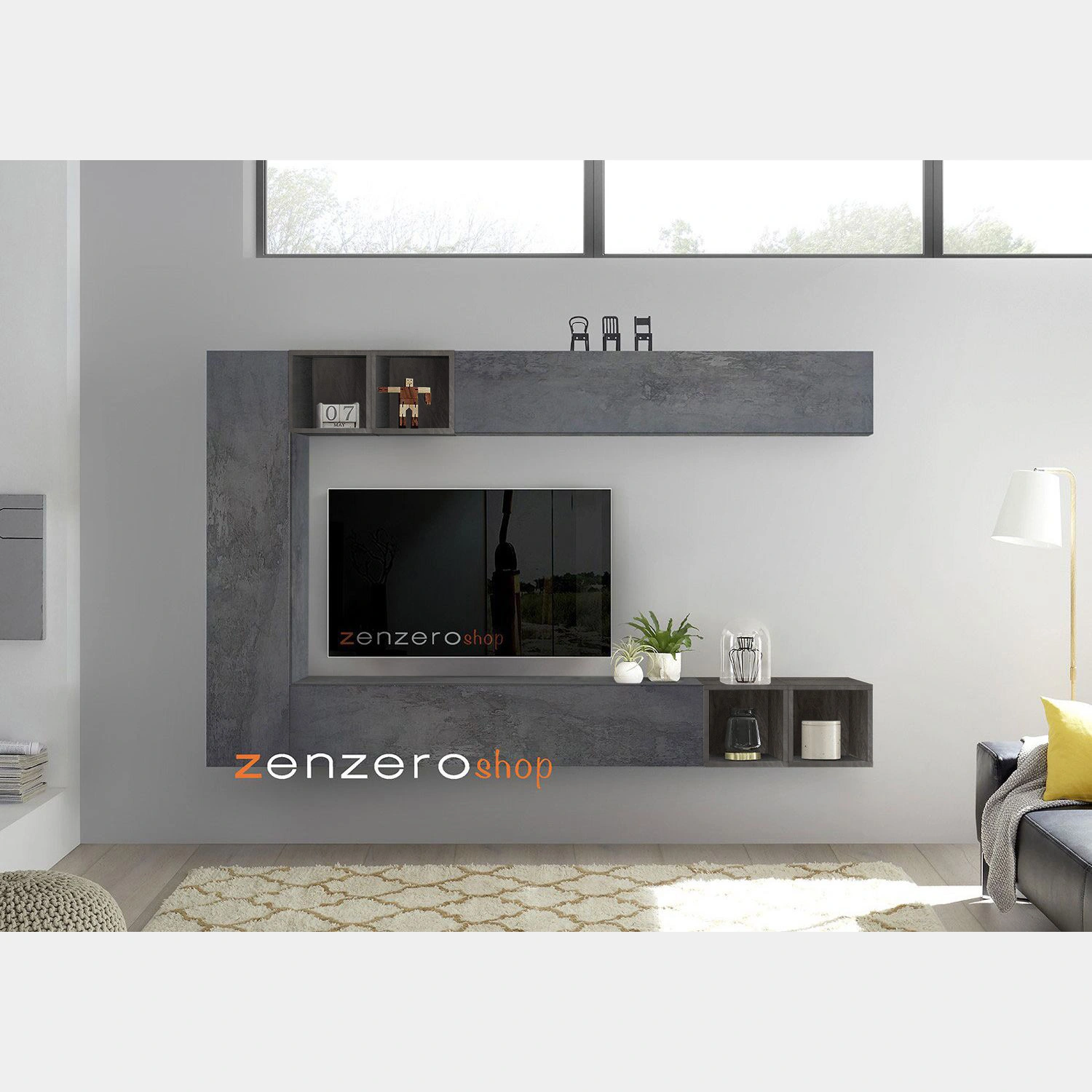 Soggiorno Zenzero, parete attrezzata sospesa moderna in finitura piombo