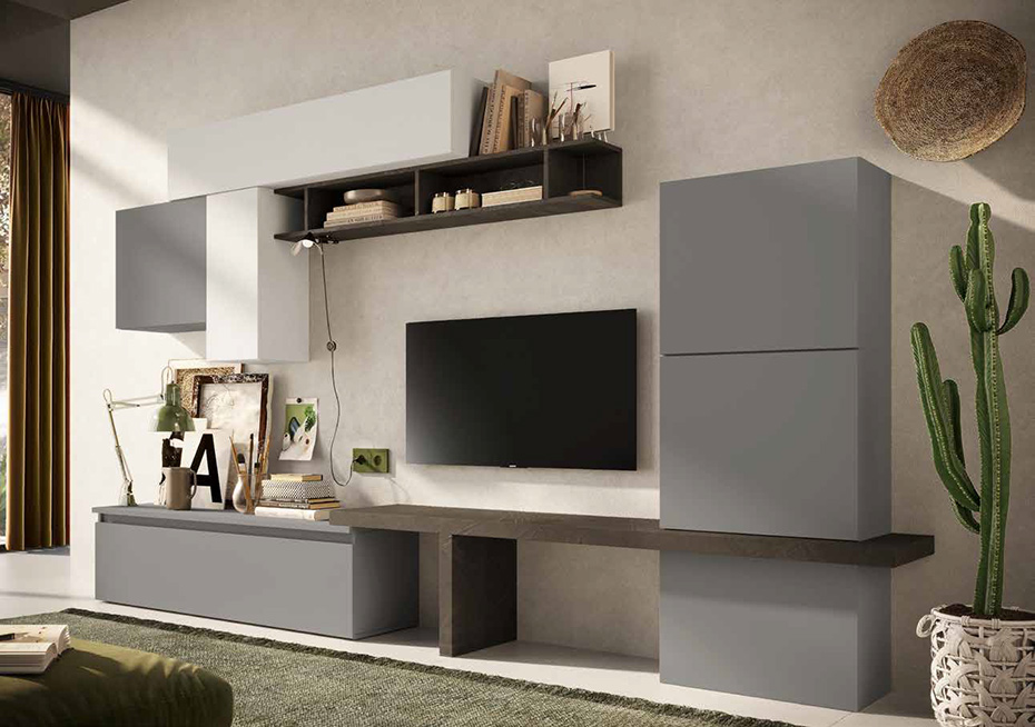 Parete attrezzata moderna finitura Gesso, Bronzo e Bianco Lucido