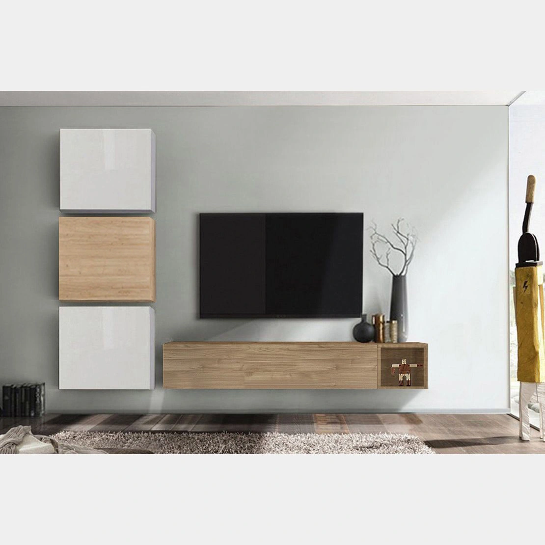 Soggiorno Zenzero, parete attrezzata moderna di design, Bianco Laccato lucido, Cadiz e Noce Stelvio