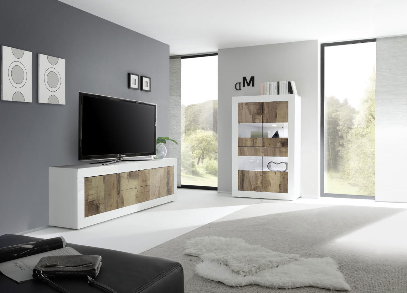 Soggiorno bianco lucido e Pero con Vetrina e Madia 2 ante 2 cassetti