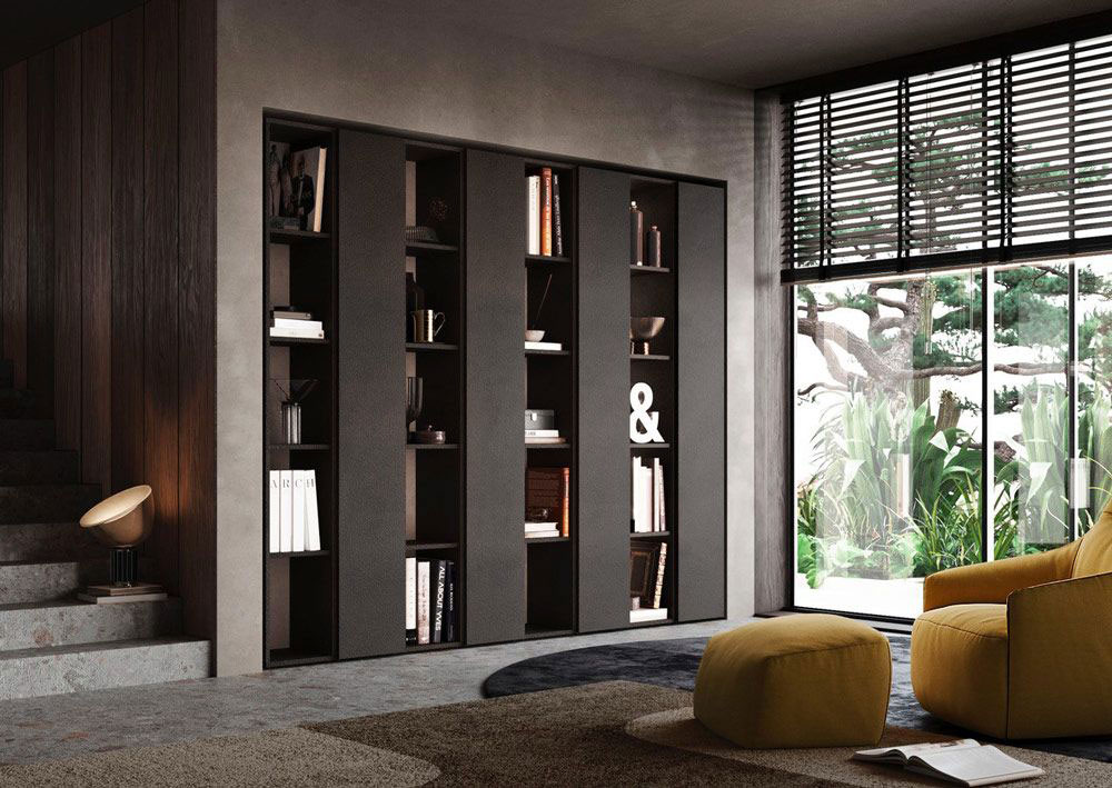 Parete attrezzata, Soggiorno libreria finitura Lava, Made in Italy