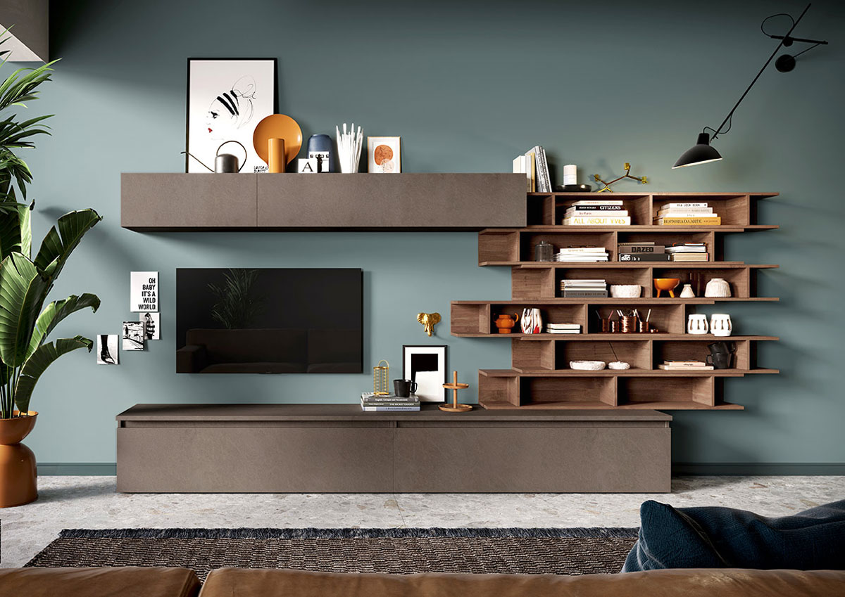 Economica e conveniente Parete di design L.276 con libreria, Bronzo e Mercure 