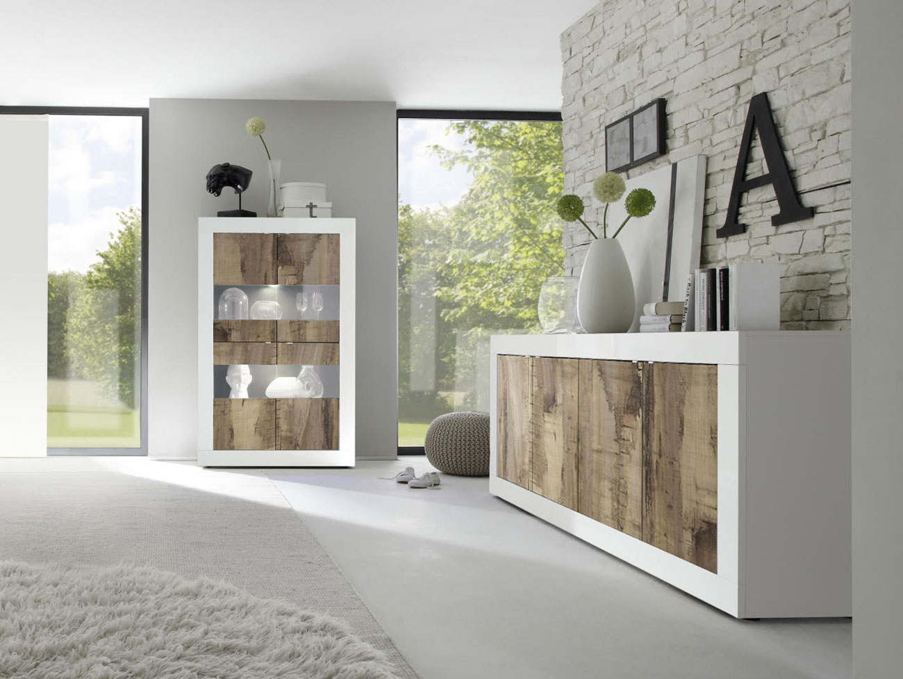 Soggiorno bianco lucido e Pero con Vetrina e Madia 4 ante