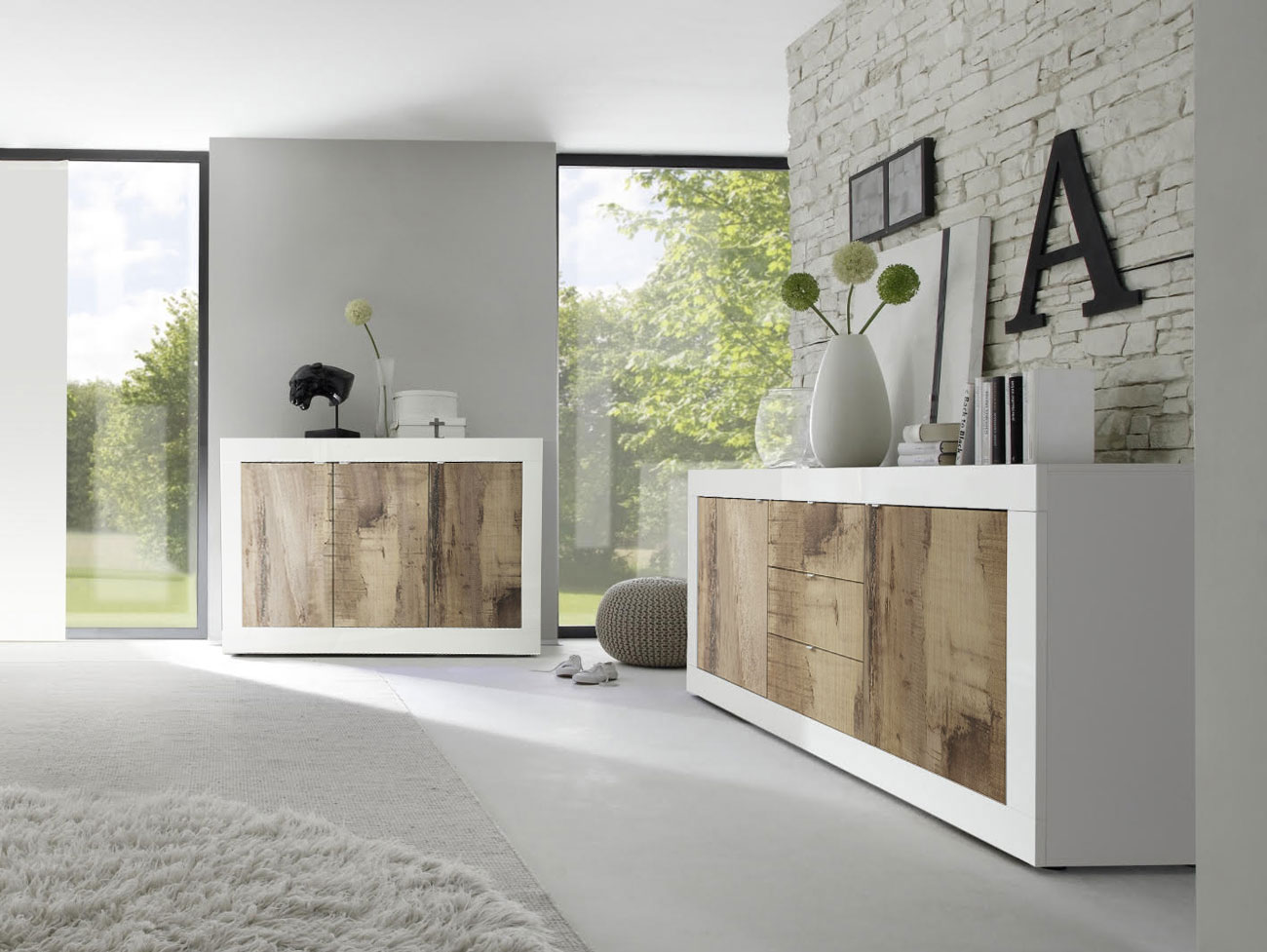 Soggiorno bianco lucido e Pero con Madia 3 ante e Madia 2 ante 3 cassetti